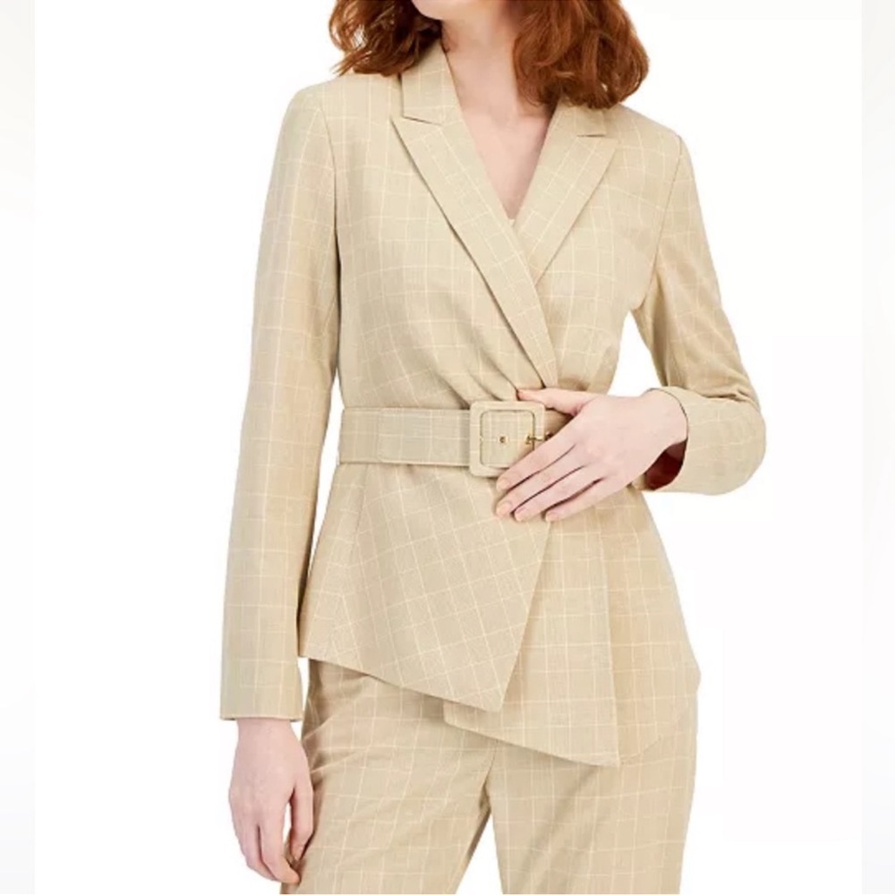 Tahari ASL Plaid Belted Asymmetric Hem Blazer sand/salmon size 14